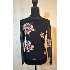 Womens Y2K Black Floral Mesh Sheer Long Sleeve Mock Neck Top Floral Whimsigoth